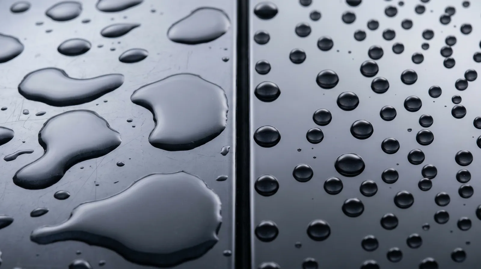 Two adjacent panels comparing flattened wax water beads against tight high-contact-angle ceramic beads