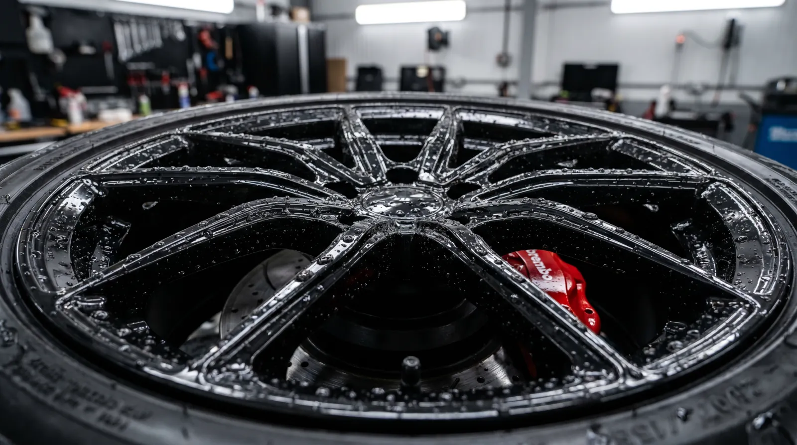 Freshly ceramic-coated dark alloy wheel with water beading and a red brake caliper visible behind the spokes