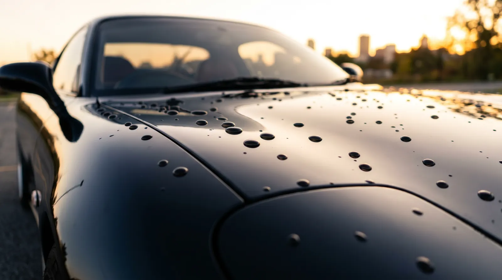 Extreme water beading on a freshly coated dark JDM sports car bonnet under afternoon sun