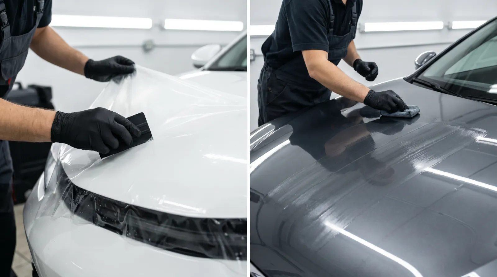 PPF film being squeegeed onto a bonnet edge next to ceramic coating being applied to a grey panel