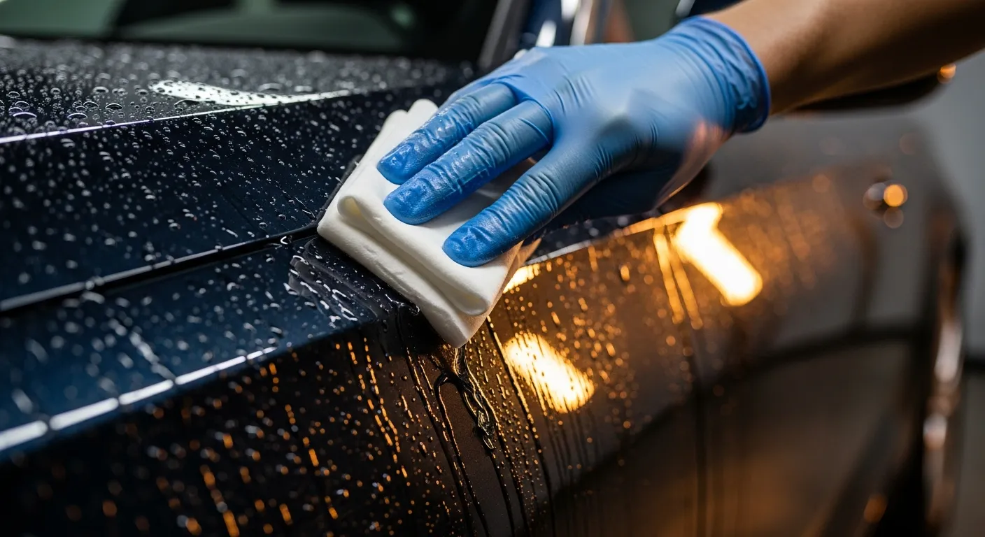 A hand gliding a clay bar over a wet dark car panel during paint decontamination