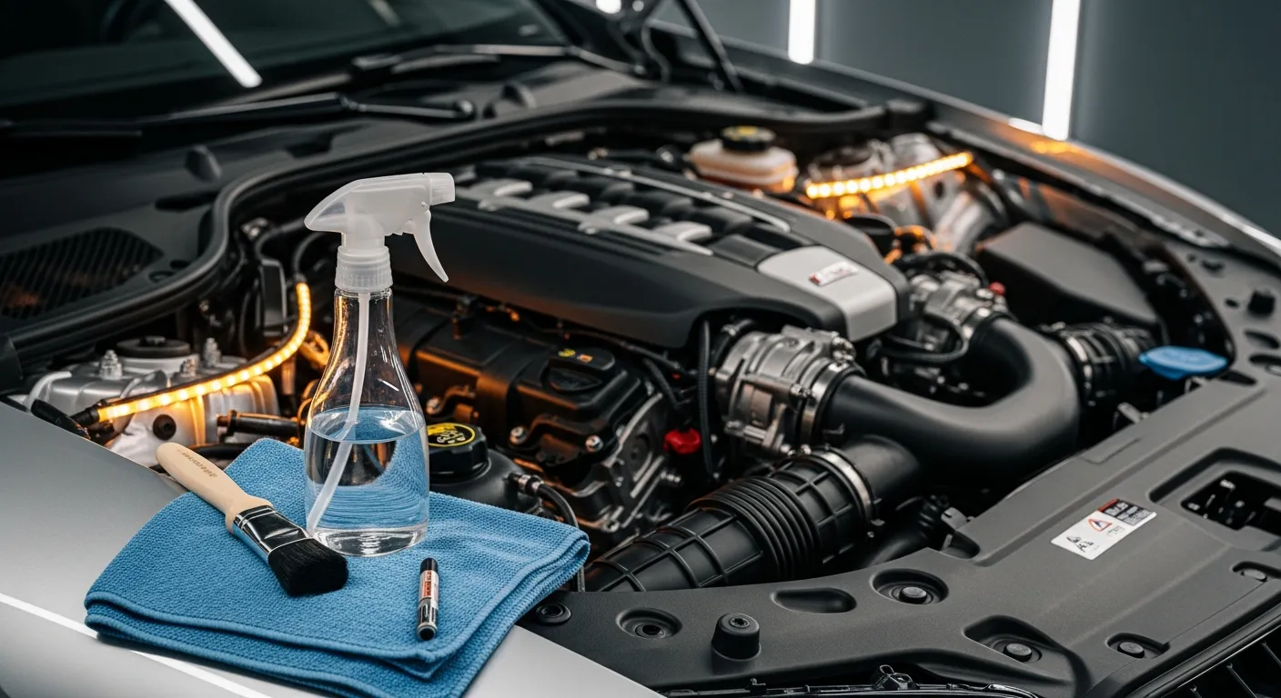 A clean detailed engine bay of a car with a spray bottle and brush