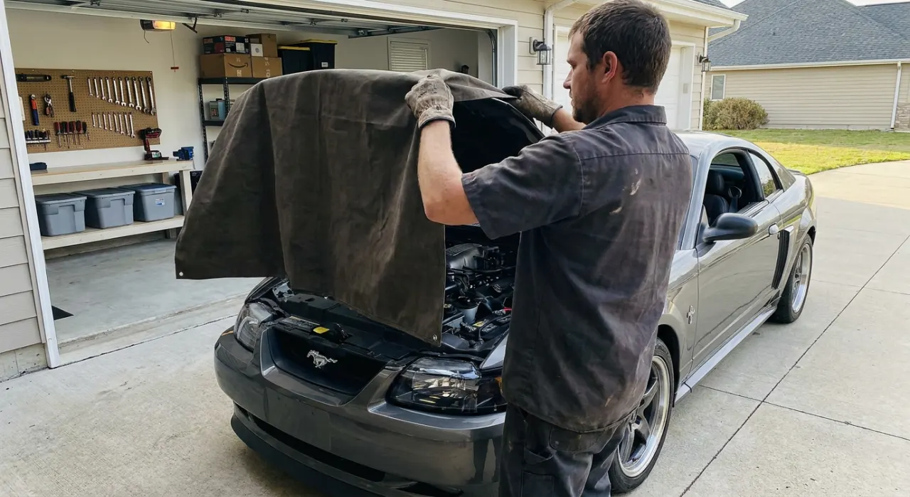 What to Cover in the Engine Bay Before Washing — a spotless freshly detailed car engine bay with clean hoses and covers