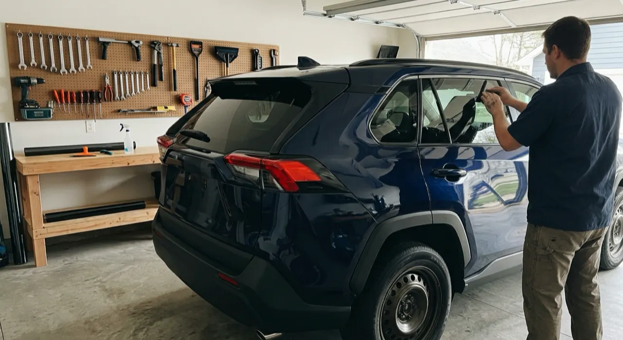 How to DIY Window Tint (Without Bubbles) — water beading tightly on a ceramic-coated glossy car panel