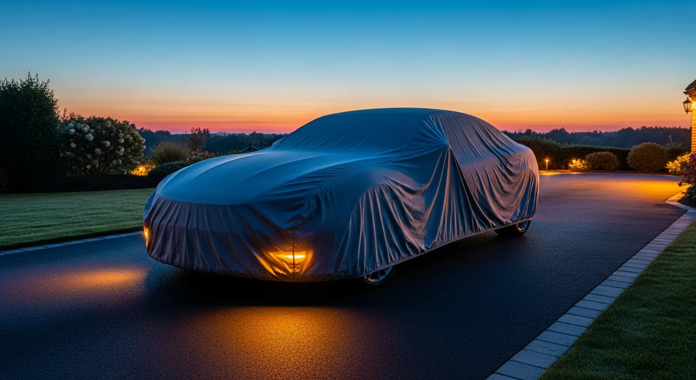 A car parked under a fitted car cover in a driveway at dusk