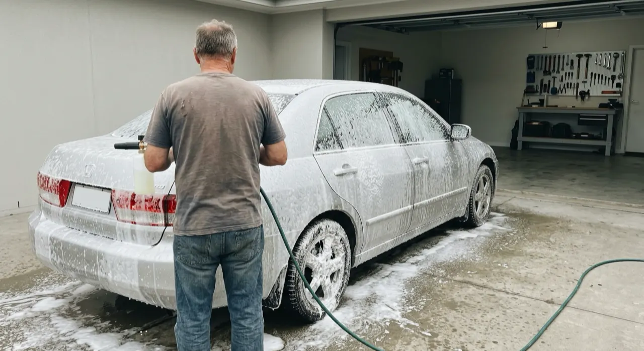 Best Foam Cannon Soap: Snow Foams That Cling — thick white snow foam blanketing a dark glossy car body
