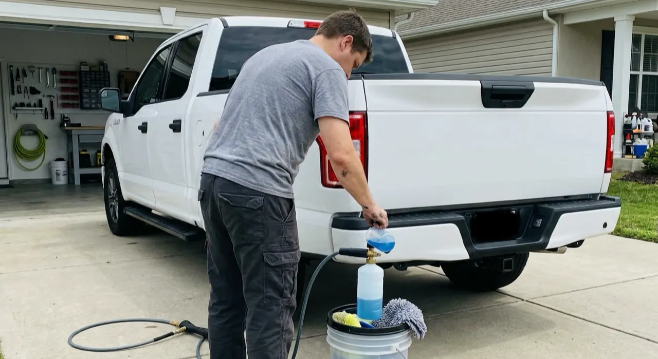 Foam Cannon Dilution Ratio Cheat Sheet — thick white snow foam blanketing a dark glossy car body