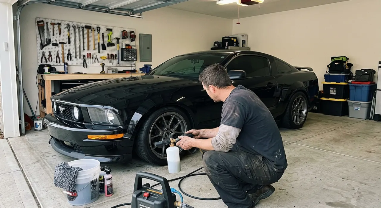 Foam Cannon Not Foaming? 8 Fixes That Work — thick white snow foam blanketing a dark glossy car body