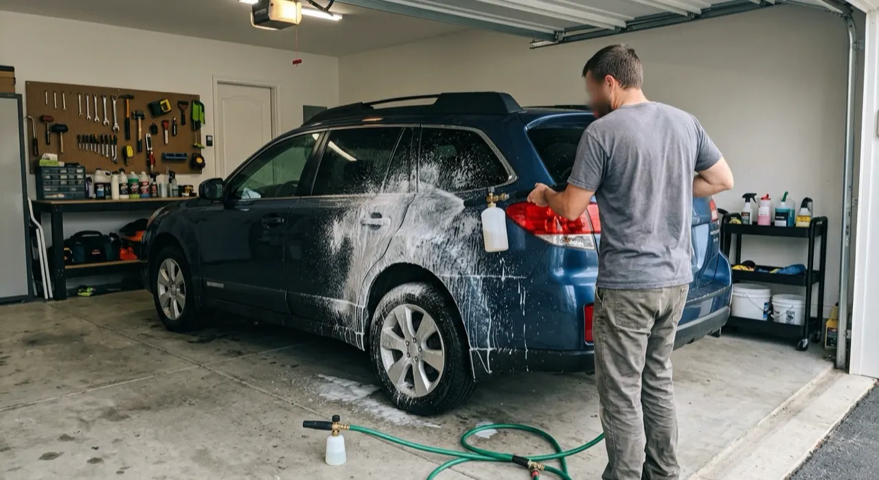 Foam Cannon vs Foam Gun: Which Do You Need? — thick white snow foam blanketing a dark glossy car body