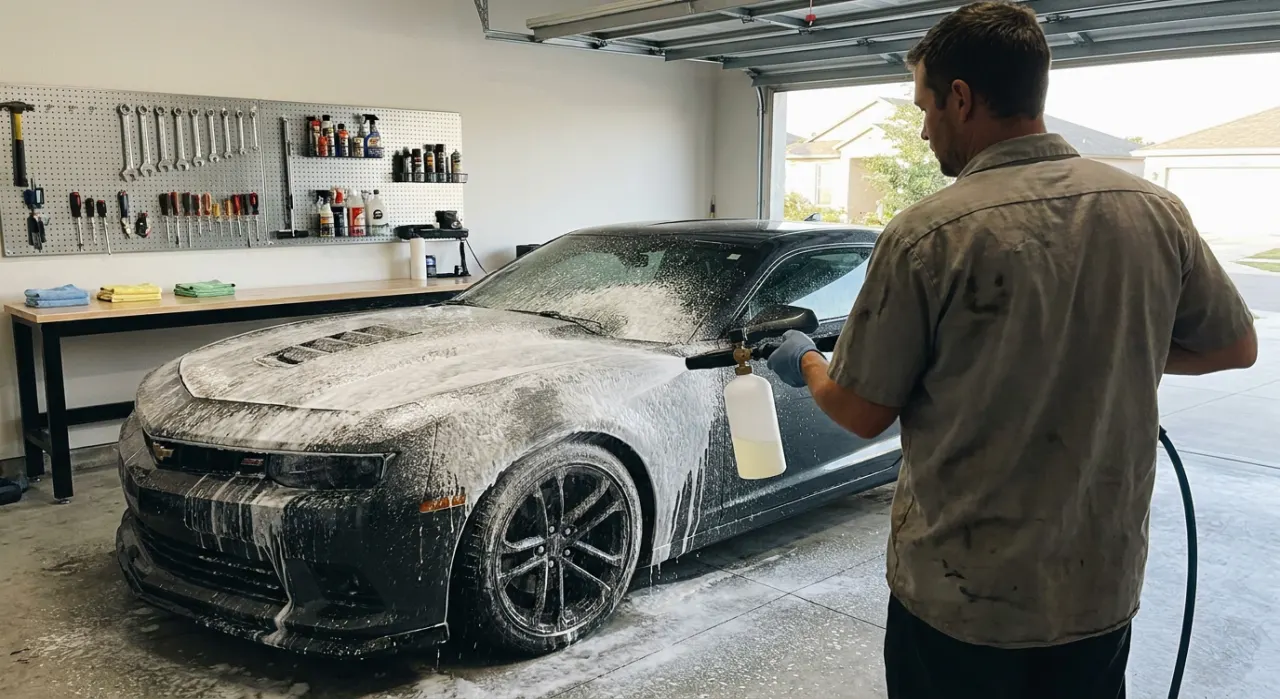 How to Use a Foam Cannon: Thick Foam Every Time — thick white snow foam blanketing a dark glossy car body