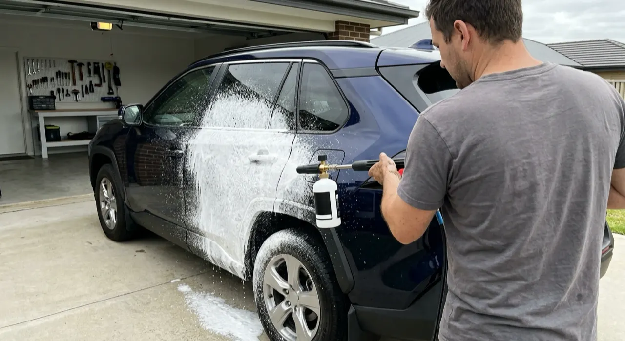 MJJC Foam Cannon Review: Enthusiast Favorite Reviewed — thick white snow foam blanketing a dark glossy car body
