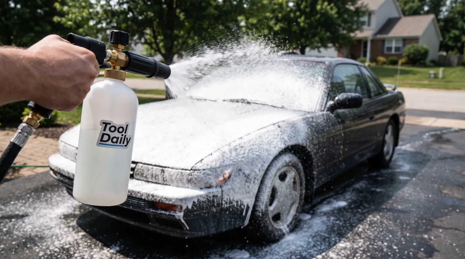 A foam cannon blanketing a dark sports coupe in thick white snow foam on a driveway