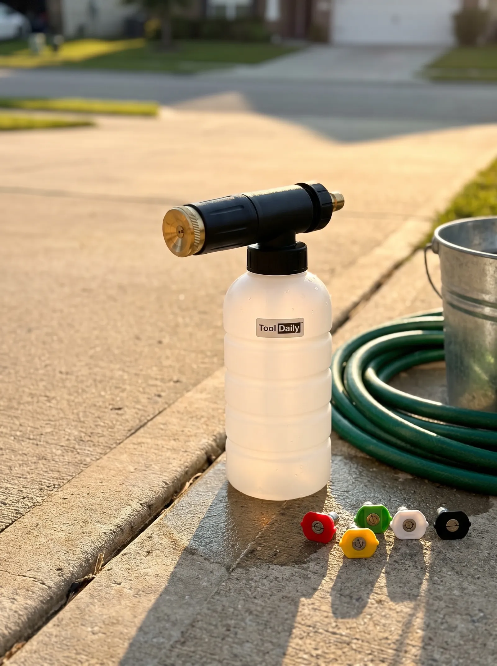A foam cannon with quick-connect fitting beside a pressure washer, ready to attach