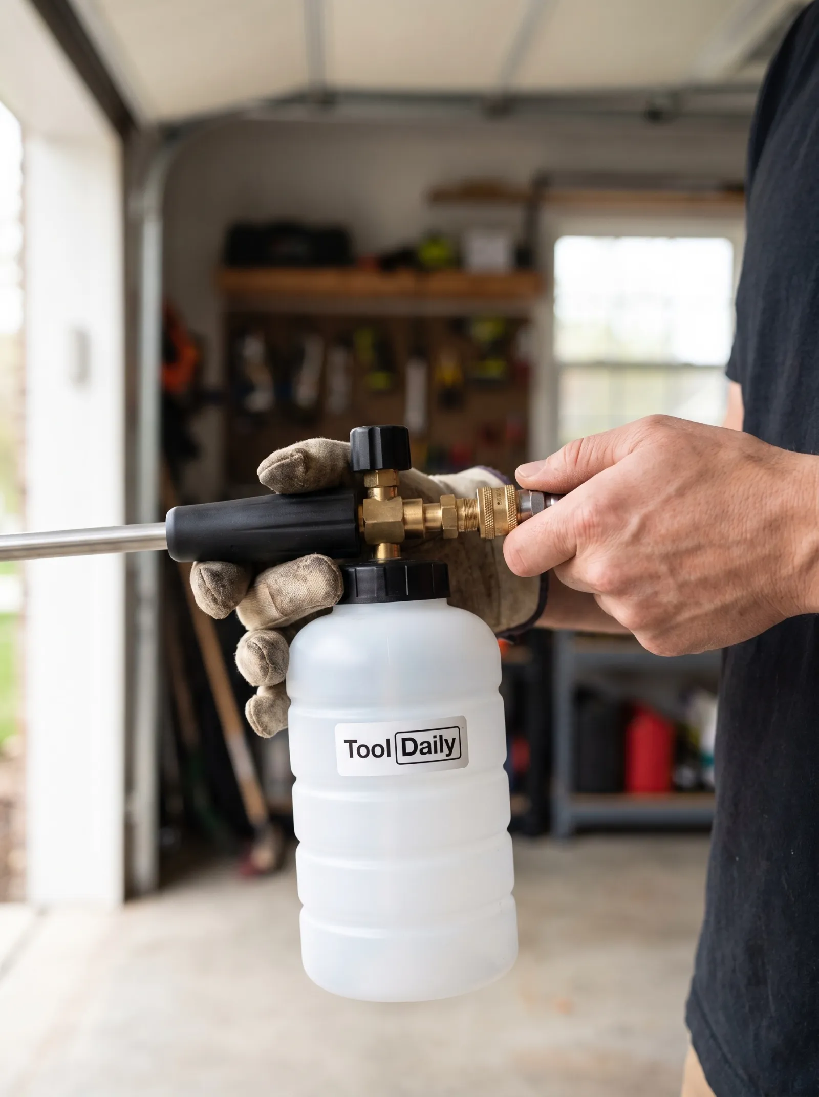 A hand adjusting the brass nozzle of the Tool Daily foam cannon attached to a pressure washer lance