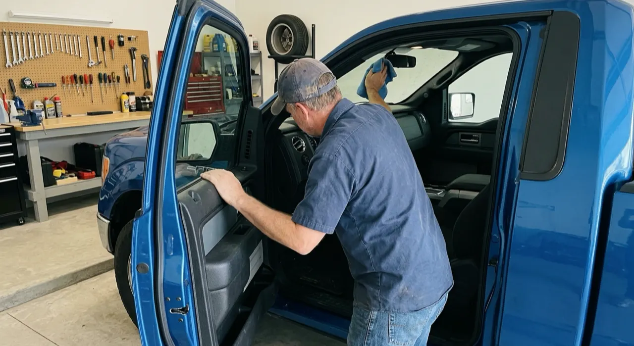 How to Clean the Inside of a Windshield — a crystal-clear car windshield with water beading up and rolling off