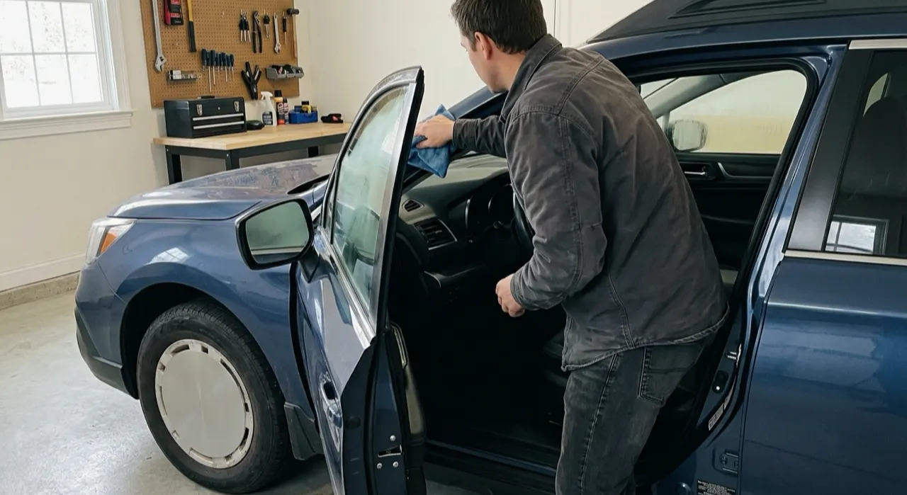 Foggy Windshield From the Inside: The Fix — a crystal-clear car windshield with water beading up and rolling off