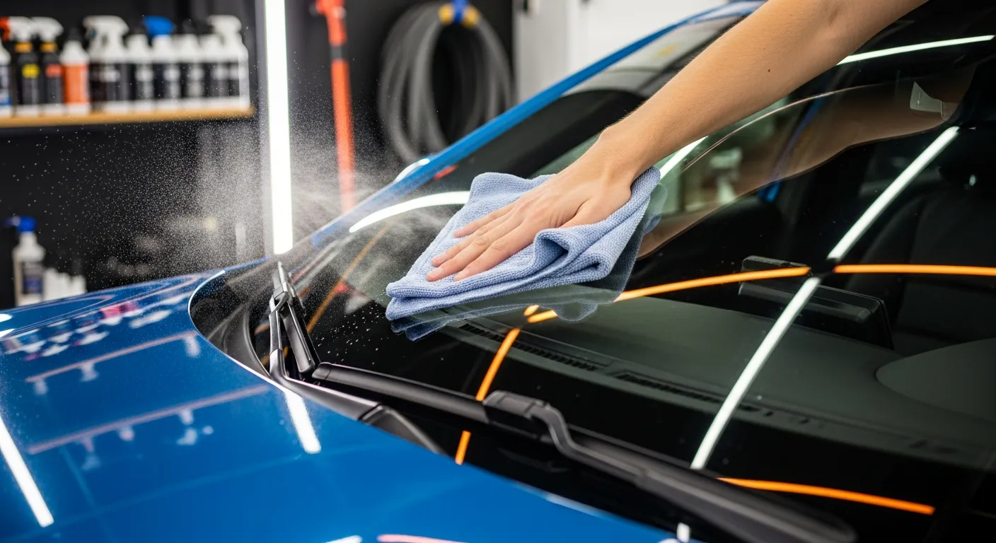 A hand wiping a car windshield streak-free with a microfiber cloth and glass cleaner in bright sunlight