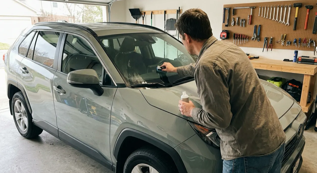 Glass Coating vs Rain-X: Which to Use — a crystal-clear car windshield with water beading up and rolling off