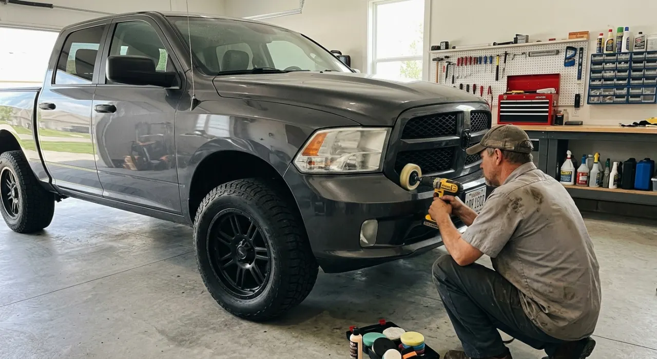 Drill-Attachment Headlight Restoration Kits (Ranked) — a car headlight shown half foggy and yellowed, half crystal clear