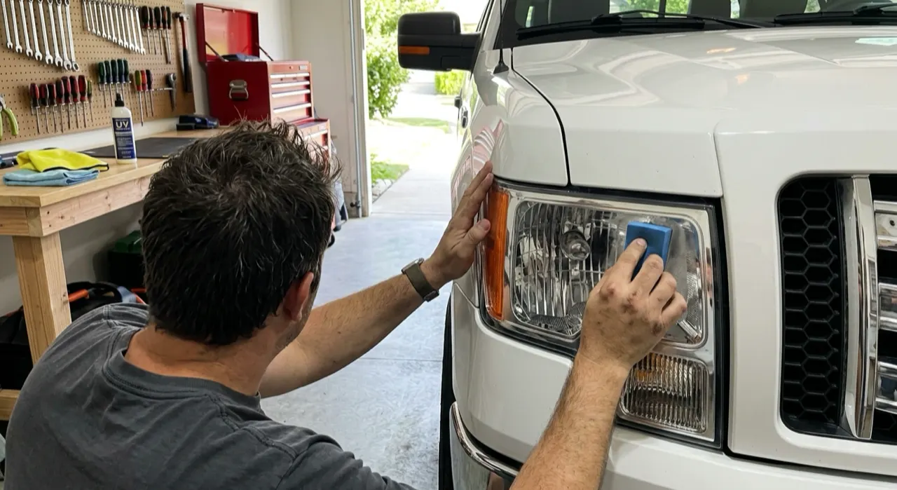 Sealing Headlights So They Stay Clear (UV Sealant) — a car headlight shown half foggy and yellowed, half crystal clear