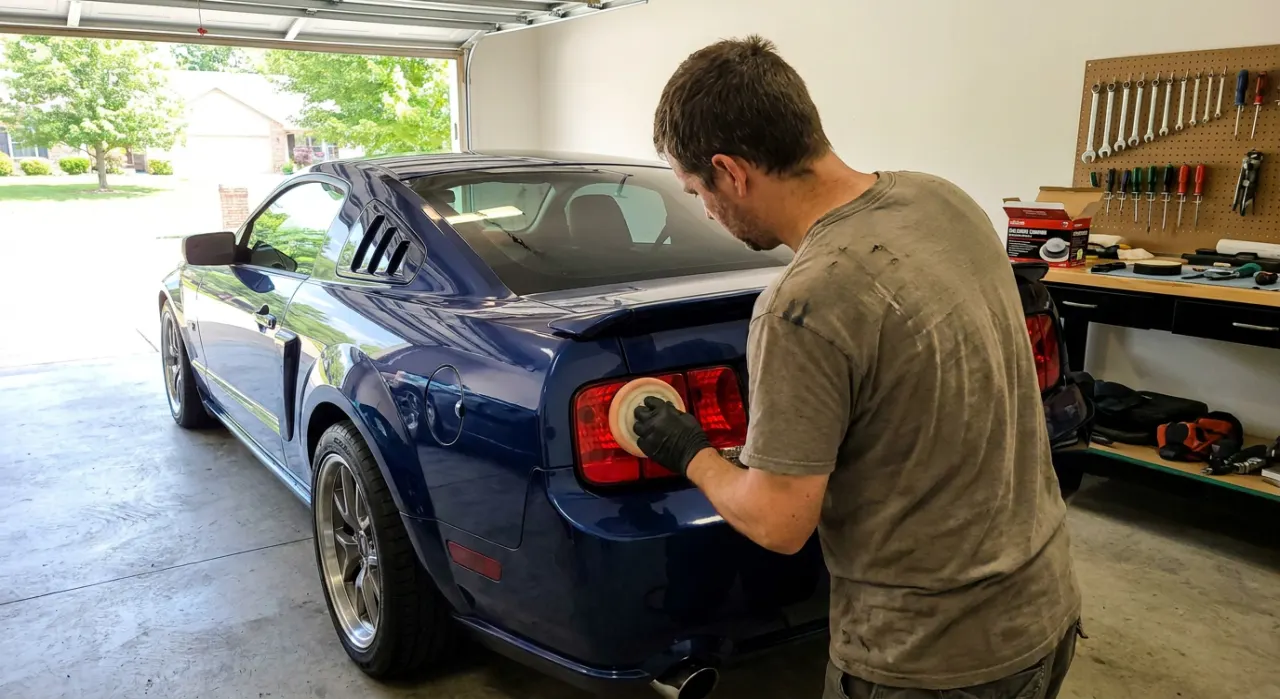 How to Restore Foggy or Faded Tail Lights — a car headlight shown half foggy and yellowed, half crystal clear