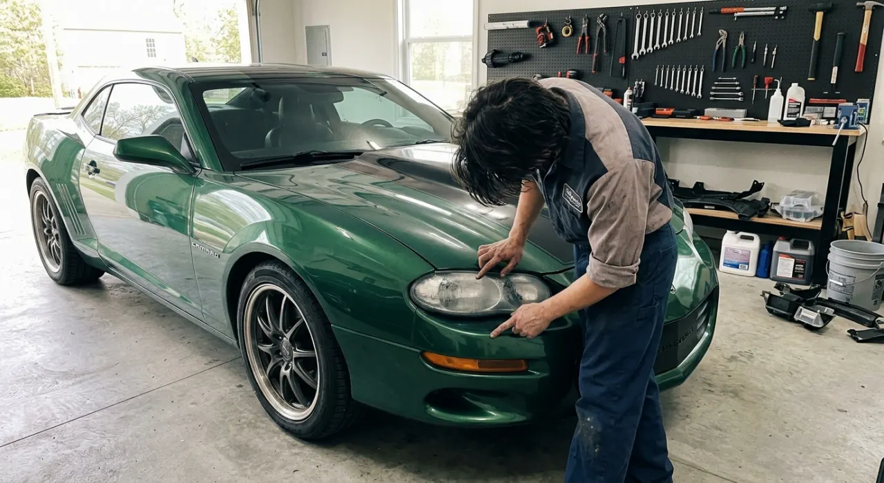 Why Headlights Fog Up (And Why Cheap Fixes Fail) — a car headlight shown half foggy and yellowed, half crystal clear