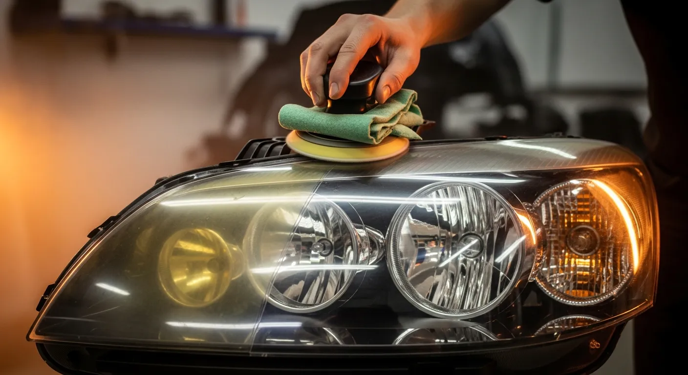A car headlight half foggy and yellowed, half crystal clear after restoration, with a polishing pad