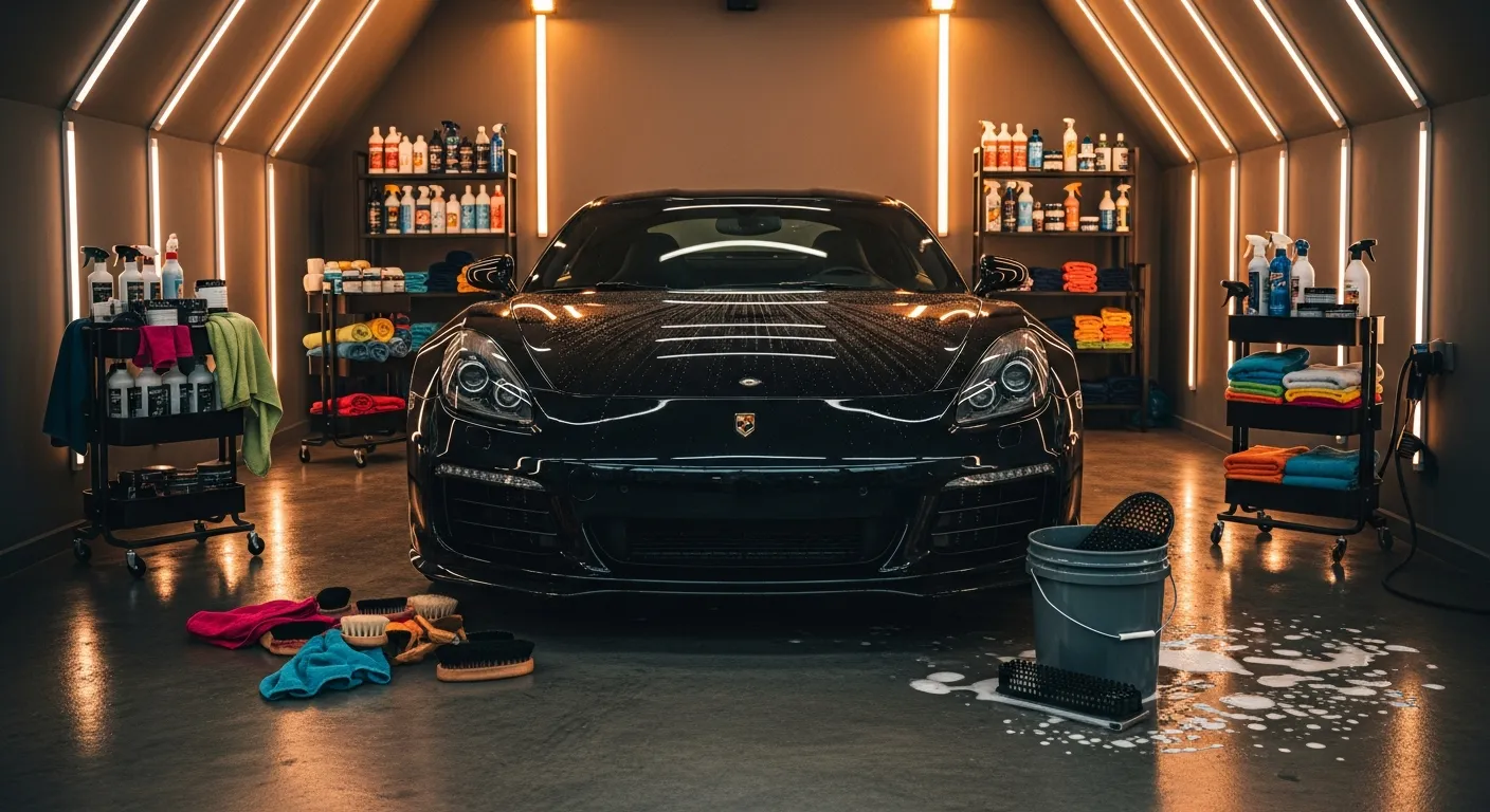 A person detailing a clean glossy sports car in a garage, full car care scene with products and towels