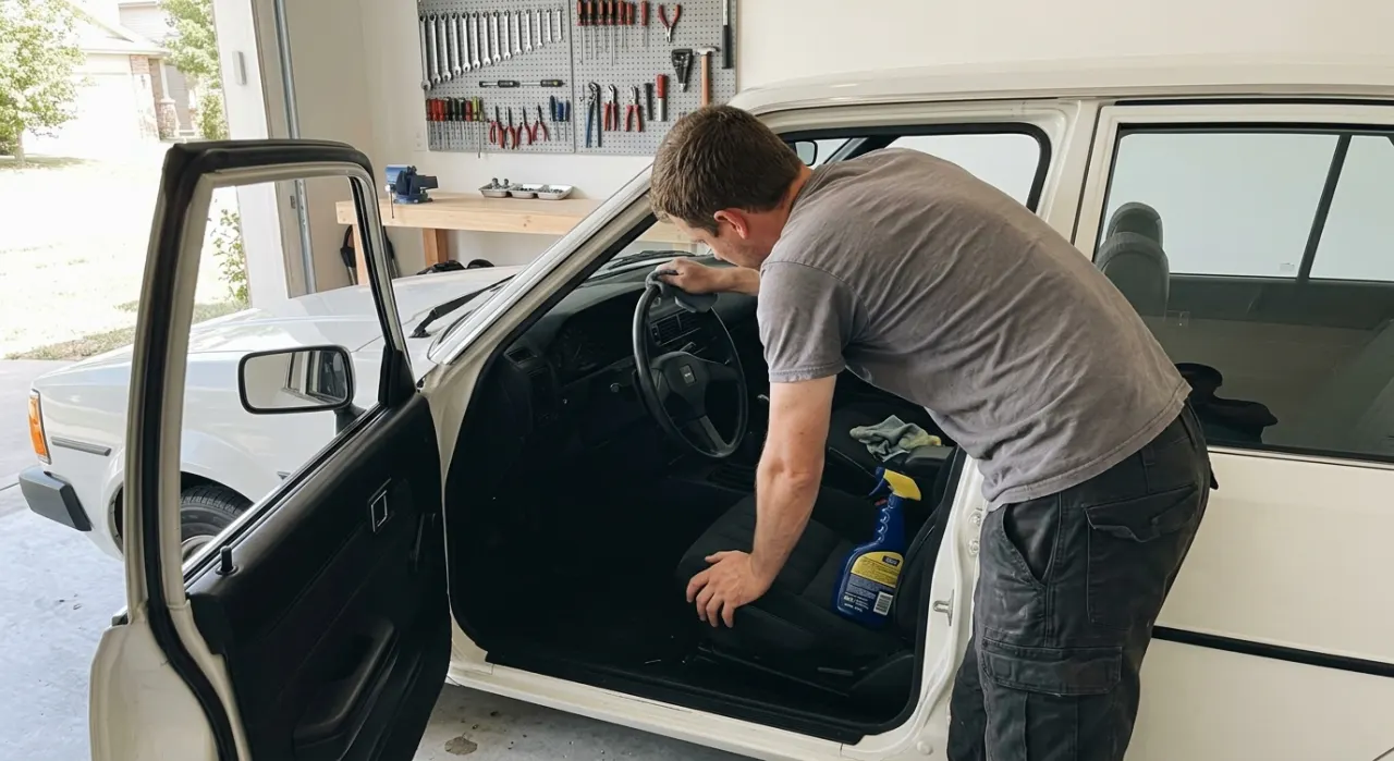 Best Dashboard Cleaner — a clean glossy car dashboard with a microfiber cloth and interior cleaner spray