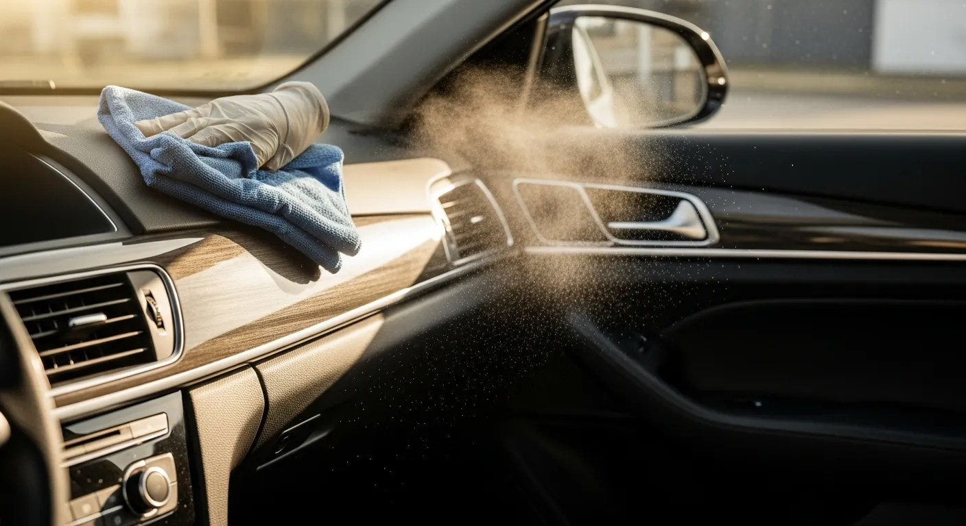 A freshly detailed car interior with clean dashboard and seats, microfiber cloth and spray bottle on the seat