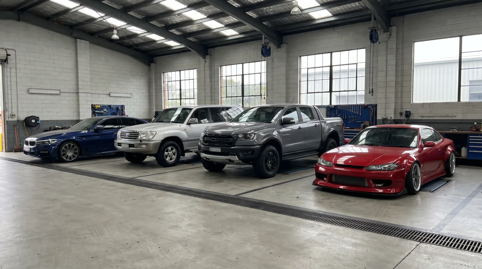 Underside view of four different vehicles lined up in a clean garage, showing sedan sill pinch weld, SUV chassis frame rail, ute rear differential, and a lowered hatchback, workshop lighting, photorealistic, no text