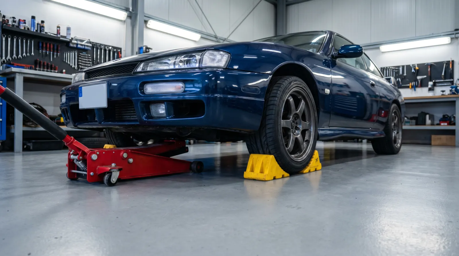A trolley jack under the front subframe of a JDM coupe with wheel chocks behind the rear tyres