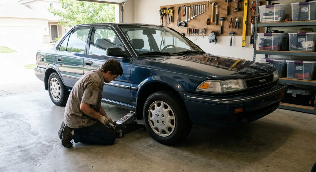 A slammed silver JDM hatchback on coilovers inside a clean concrete garage, a red low-profile floor jack positioned at the side sill with a yellow slotted polyurethane puck on the saddle, dramatic side lighting, no text