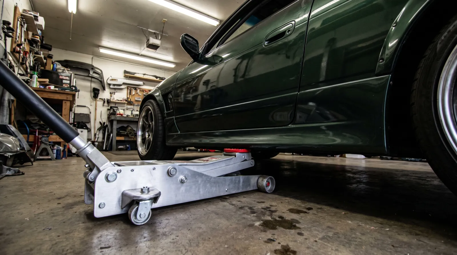 A low-profile aluminium floor jack slid under the rocker panel of a slammed JDM car showing minimal clearance