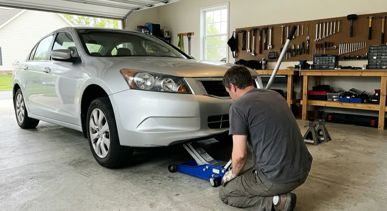 A car teetering on an unstable DIY support setup showing bricks and a scissor jack, photographed from a low angle in a driveway, realistic documentary style, no people visible, natural daylight