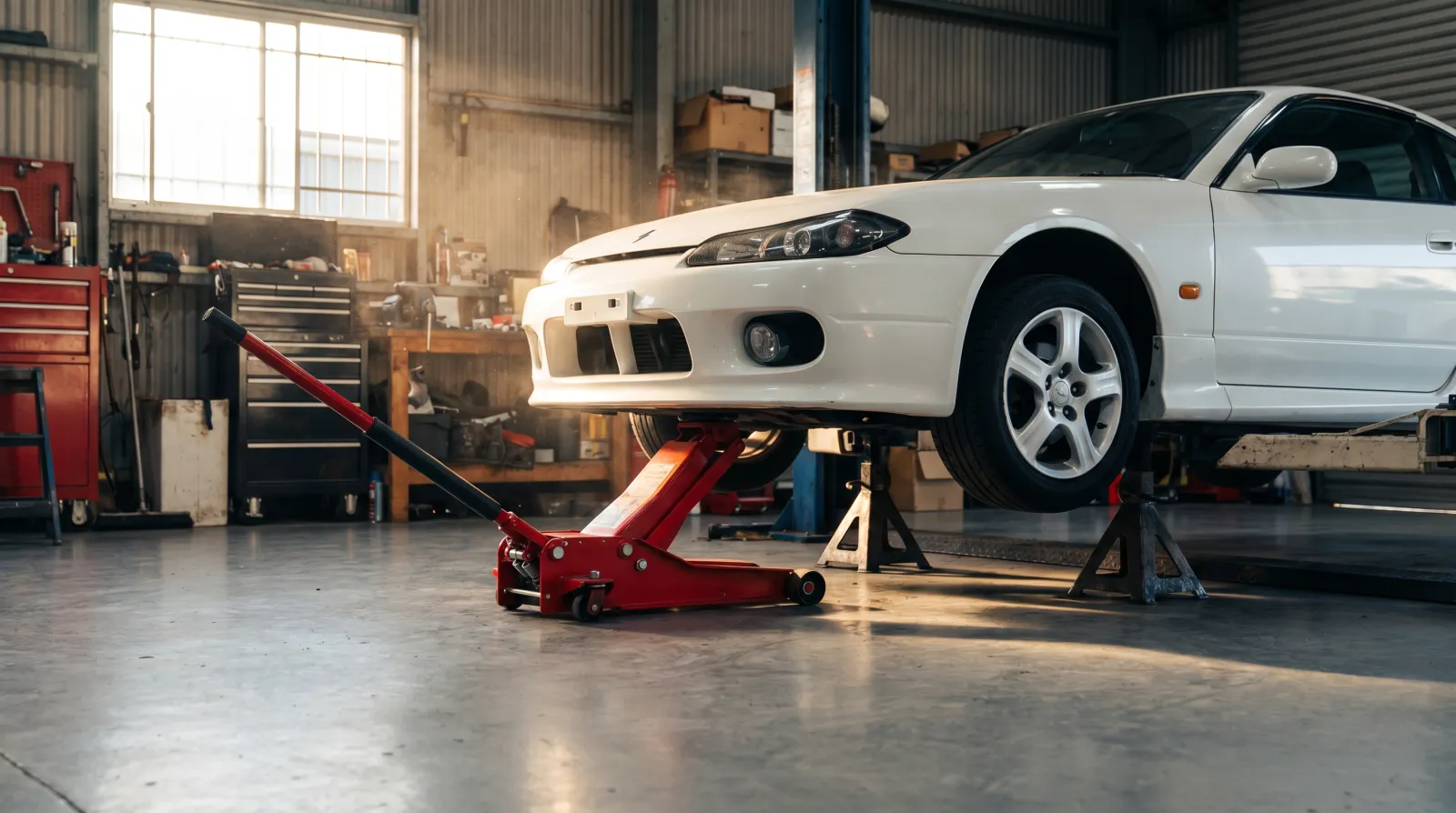A trolley jack lifting a JDM coupe onto axle stands on a clean concrete garage floor