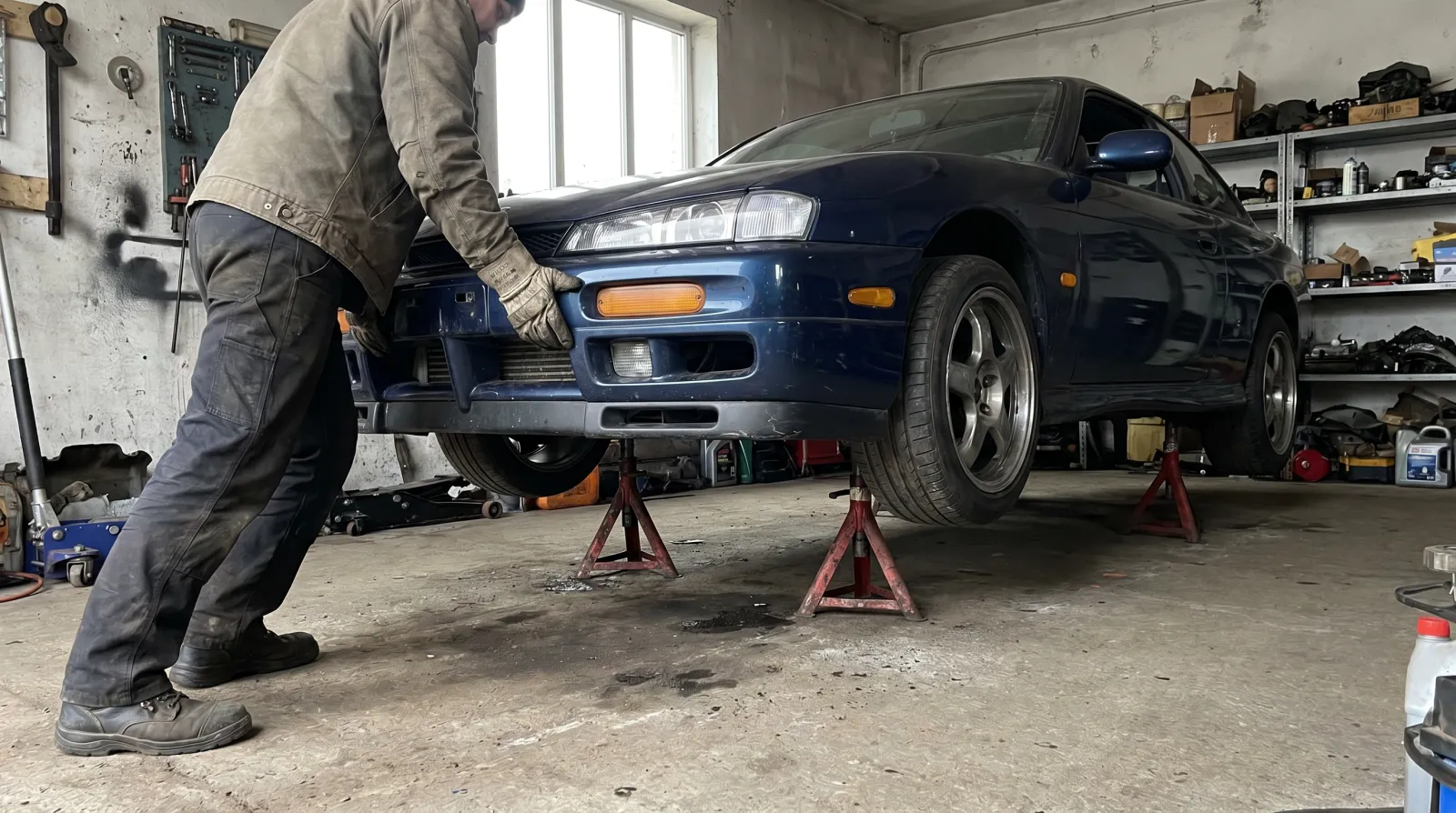 A person pushing firmly against the front bumper of a JDM coupe sitting on four heavy-duty jack stands to perform the wobble test