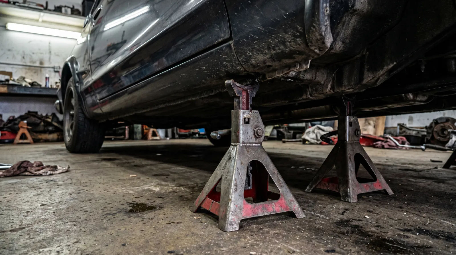 Two heavy-duty jack stands placed under the pinch-weld points of a JDM car raised on a garage floor