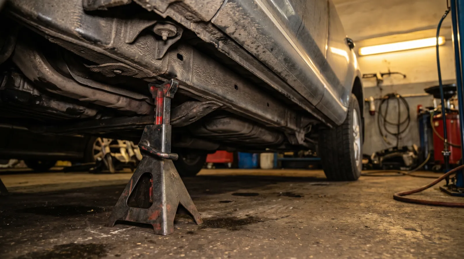 Trolley jack saddle positioned under the chassis frame rail of a large body-on-frame 4WD with jackstands visible