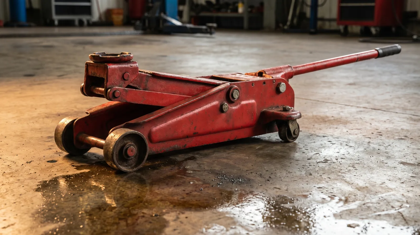 A heavy-duty steel trolley jack on a polished concrete workshop floor
