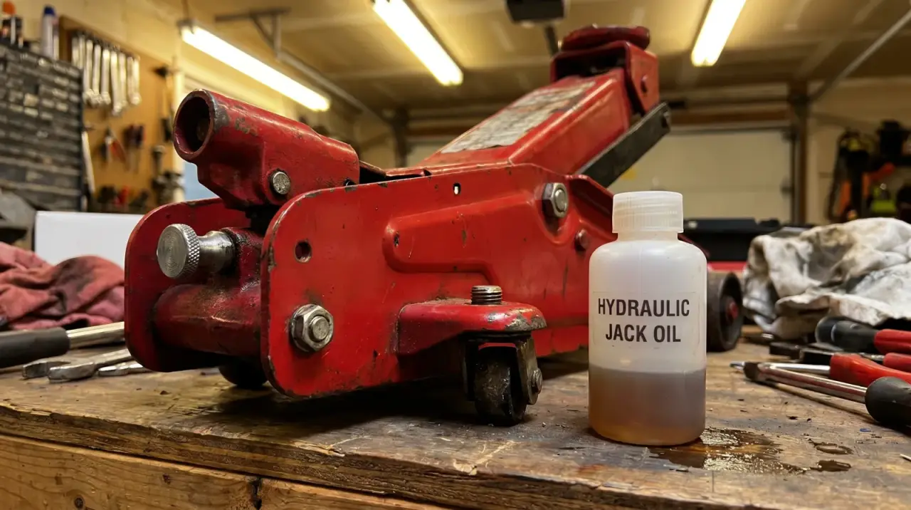 A mechanic in a well-lit home garage kneeling beside a red floor jack on a concrete floor, inspecting the pump cylinder, no car elevated, natural workshop light