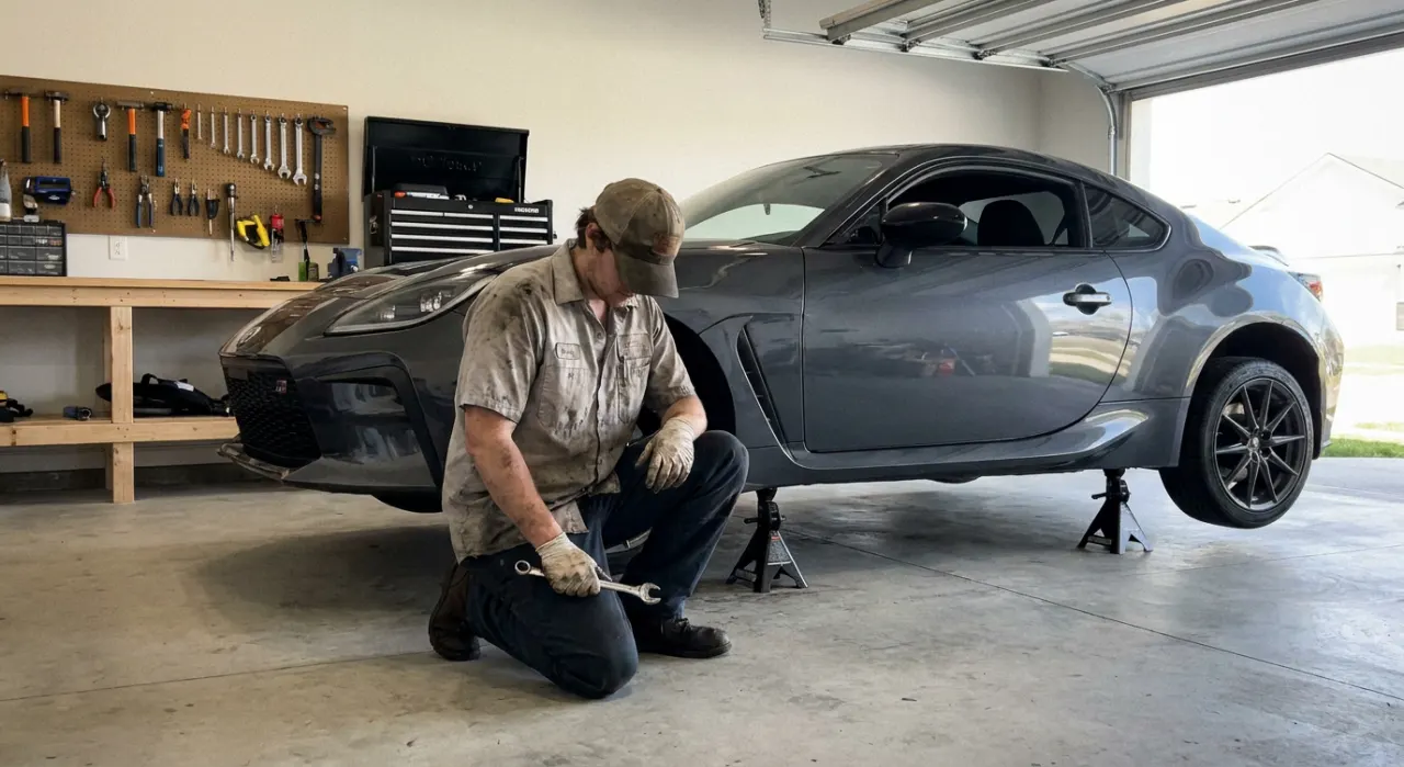 Two heavy-duty black and orange jack stands placed side by side under the rear axle subframe of a car, concrete floor, clean workshop environment