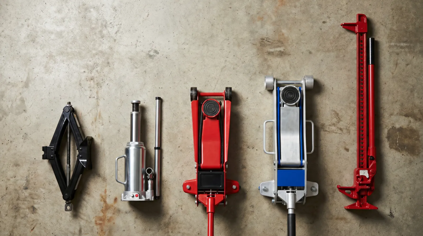 Five jacks arranged side by side on clean workshop concrete floor: a compact folded scissor jack, a silver bottle jack, a red trolley floor jack, a flat low-profile floor jack, and a tall red hi-lift farm jack, all clearly distinguishable, studio workshop lighting, no text