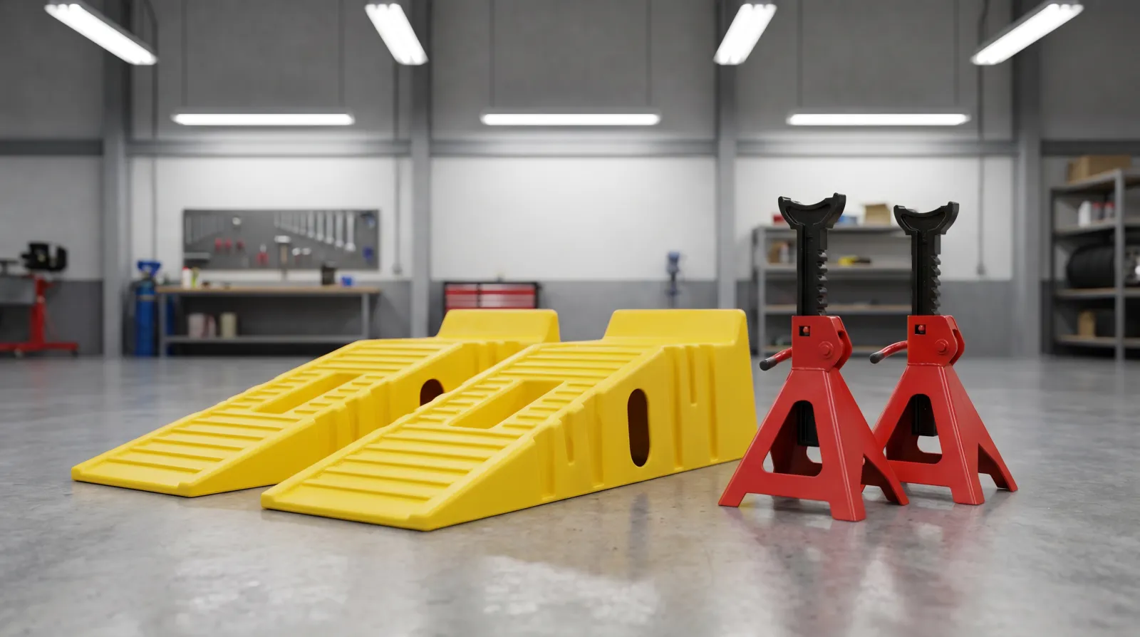 Drive-on car ramps beside a pair of axle stands on a clean concrete garage floor