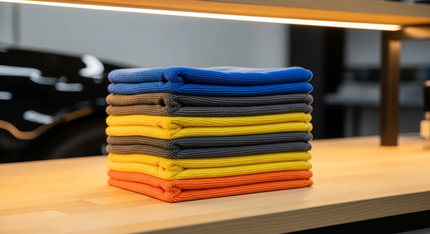 A stack of folded plush microfiber detailing towels in different colours on a workbench