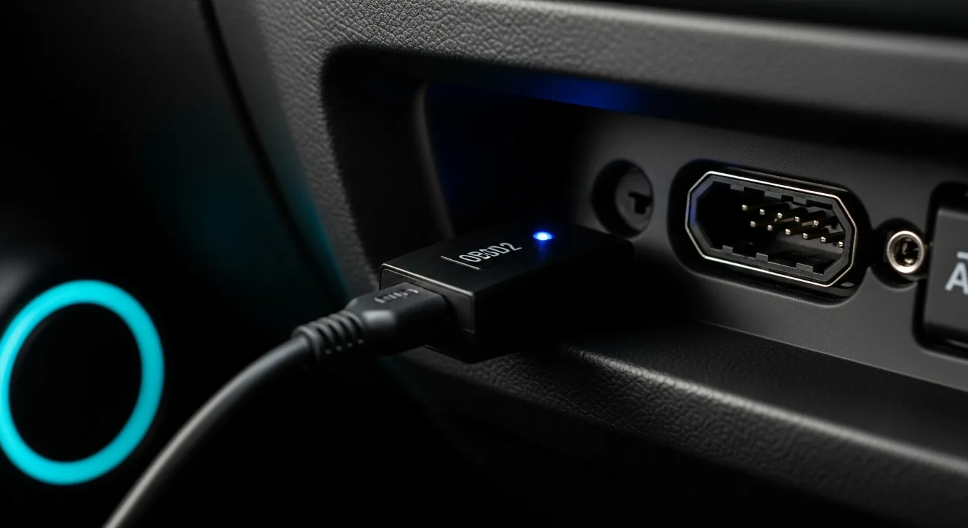 A compact Bluetooth OBD2 adapter plugged into a car's OBD2 port under the steering column, dashboard visible in soft focus, warm workshop lighting, photorealistic DSLR-style product shot, no text overlays