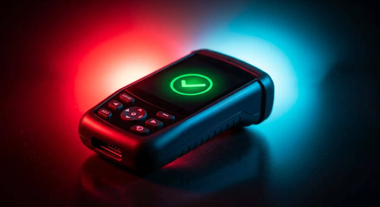 A mechanic's hand holding a mid-range OBD2 scanner displaying a clear confirmation screen, plugged into the OBD2 port beneath a car dash, natural workshop lighting, shallow depth of field, photorealistic