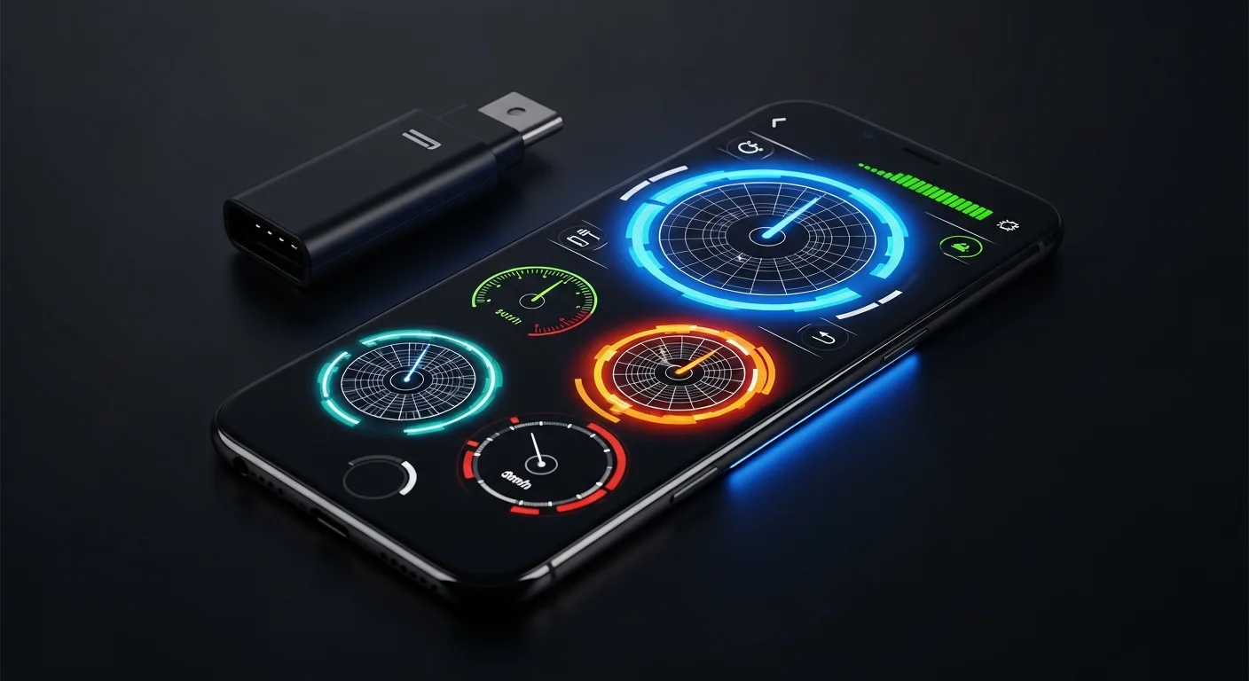 A Samsung Android phone displaying a live OBD2 dashboard with RPM and coolant temperature gauges, resting on the centre console of a right-hand-drive JDM car interior with the OBD2 dongle visible in the background, natural interior lighting, photorealistic, no text overlays