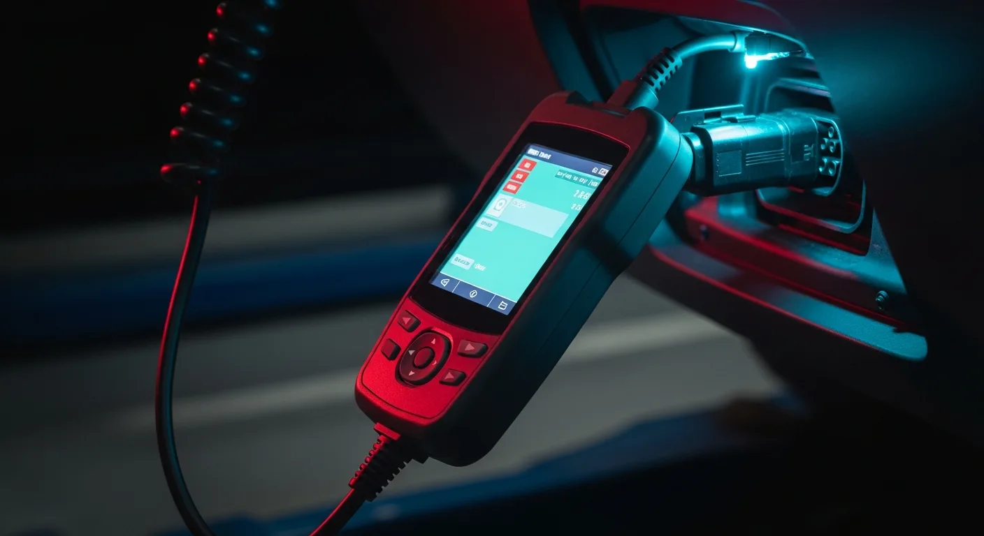 A Bluetooth OBD2 scanner plugged into the port under a JDM car dash with live data on a phone