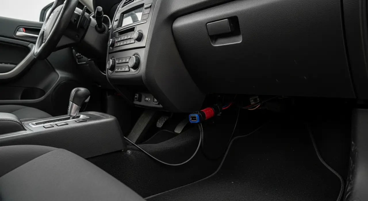 Close-up photorealistic shot of a standard 16-pin OBD2 diagnostic port mounted under a car dashboard on the driver's side, illuminated by a phone flashlight, dark surrounding trim visible, no text overlays